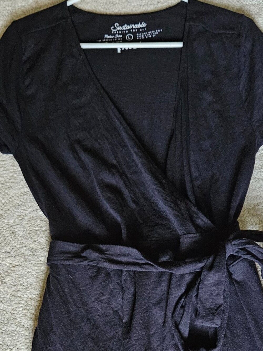Pact Organic Wrap Dress Black Large L Short Sleeves Cotton Casual Minimalist - Picture 6 of 6